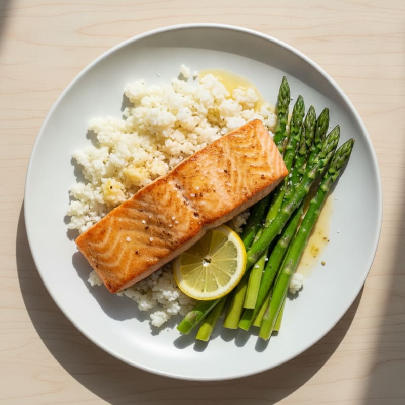 Seared Salmon Fillet with Steamed Asparagus and Cauliflower Rice