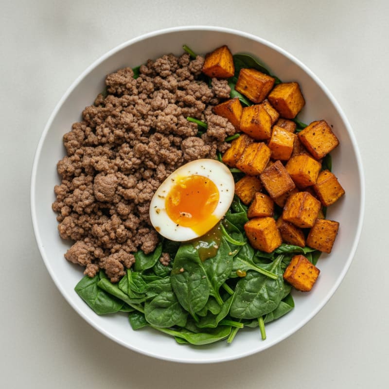 Ground Beef and Roasted Sweet Potato Bowl with Spinach