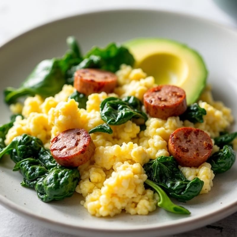 Cottage Cheese Scramble with Turkey Sausage and Spinach