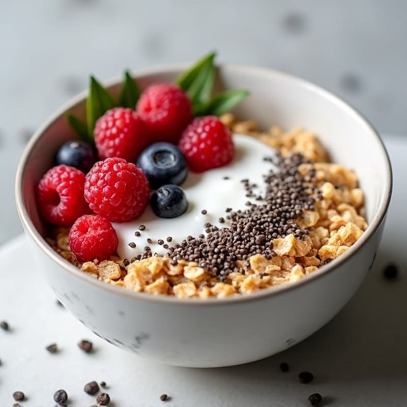 Oatmeal with Greek Yogurt, Chia Seeds and Mixed Berries