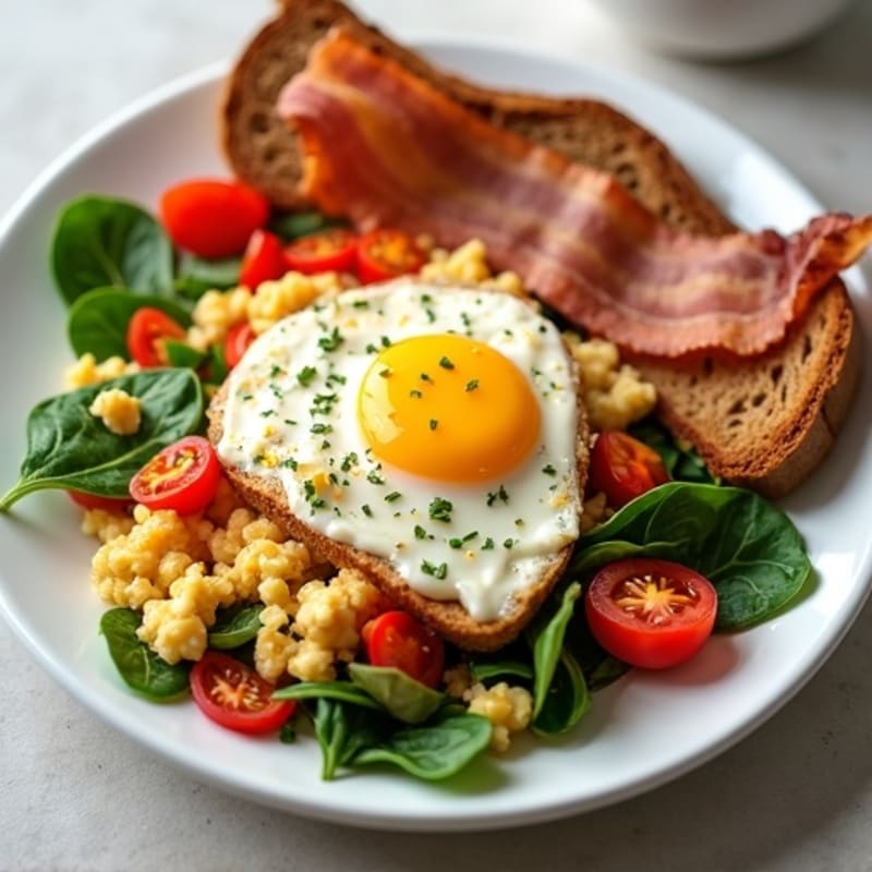 Egg White Veggie Scramble with Cottage Cheese and Turkey Bacon