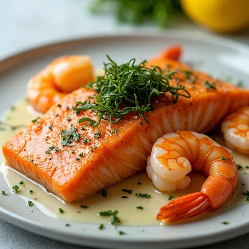 Pan-Seared Salmon and Shrimp with Crispy Seaweed