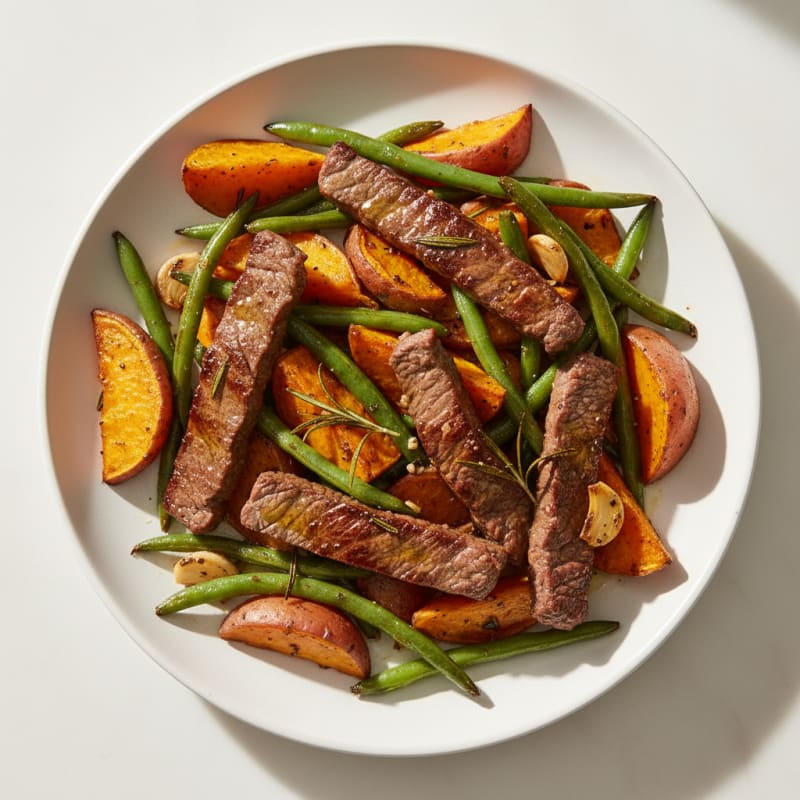Sheet Pan Herb-Rubbed Beef Strips with Roasted Sweet Potatoes