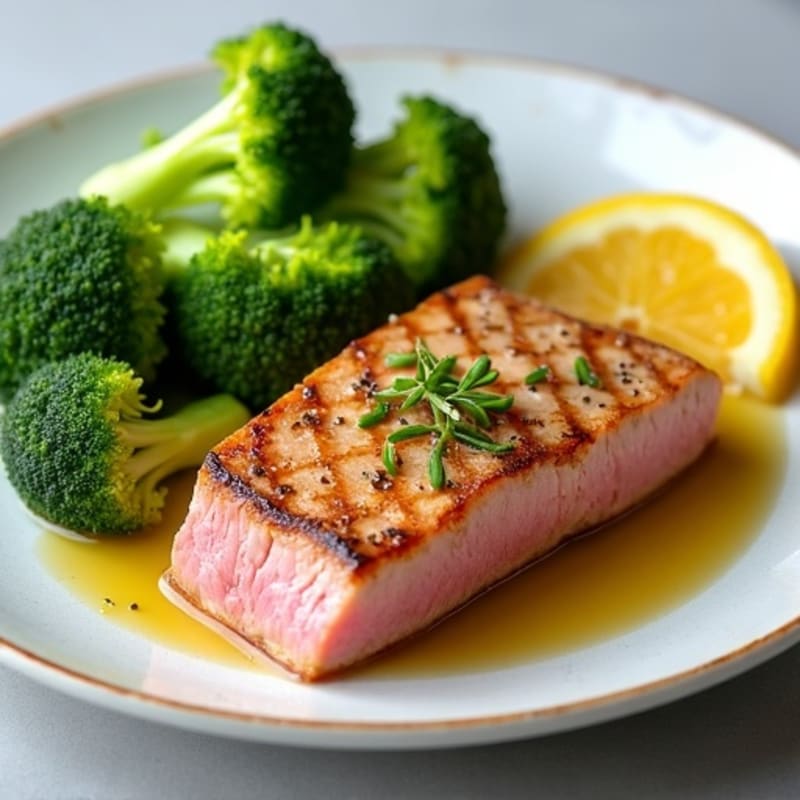 Seared Tuna Steak with Steamed Broccoli and Lemon