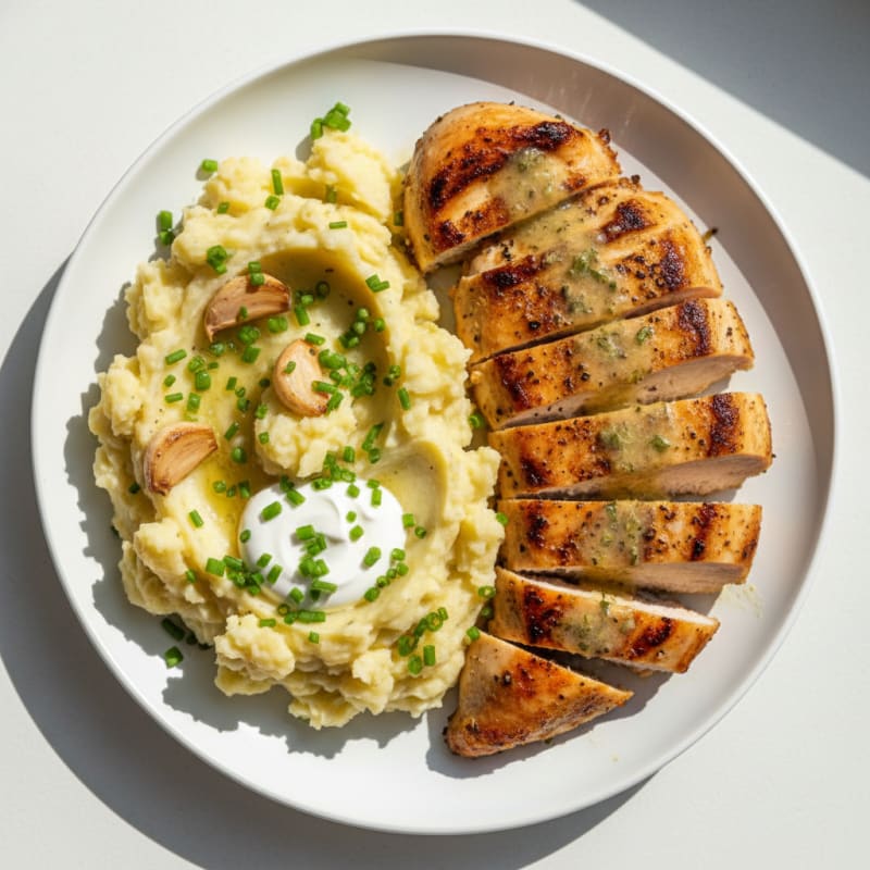 Buttery Garlic Mashed Potatoes with Herb-Grilled Chicken