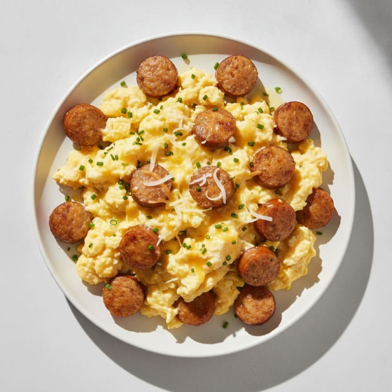 Cheesy Scrambled Eggs with Chicken Sausage