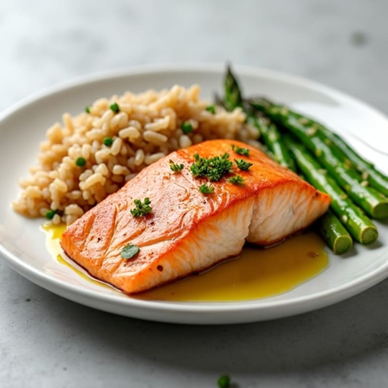 Seared Salmon Fillet with Steamed Asparagus and Brown Rice