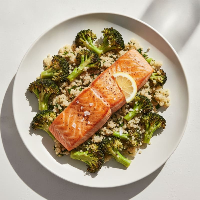 Seared Salmon Fillet with Roasted Broccoli and Quinoa