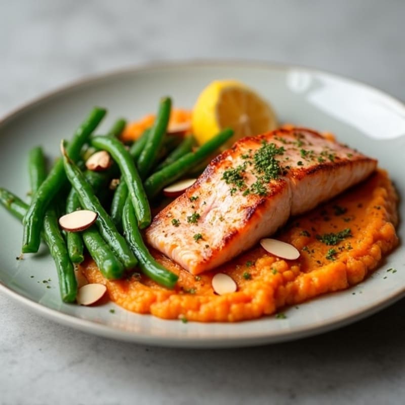 Seared Salmon with Garlic Green Beans and Sweet Potato Mash