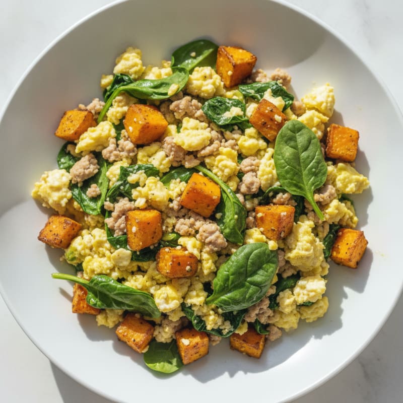 Egg White and Turkey Spinach Scramble with Roasted Sweet Potatoes