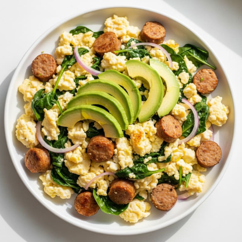 Egg White and Chicken Sausage Scramble with Spinach