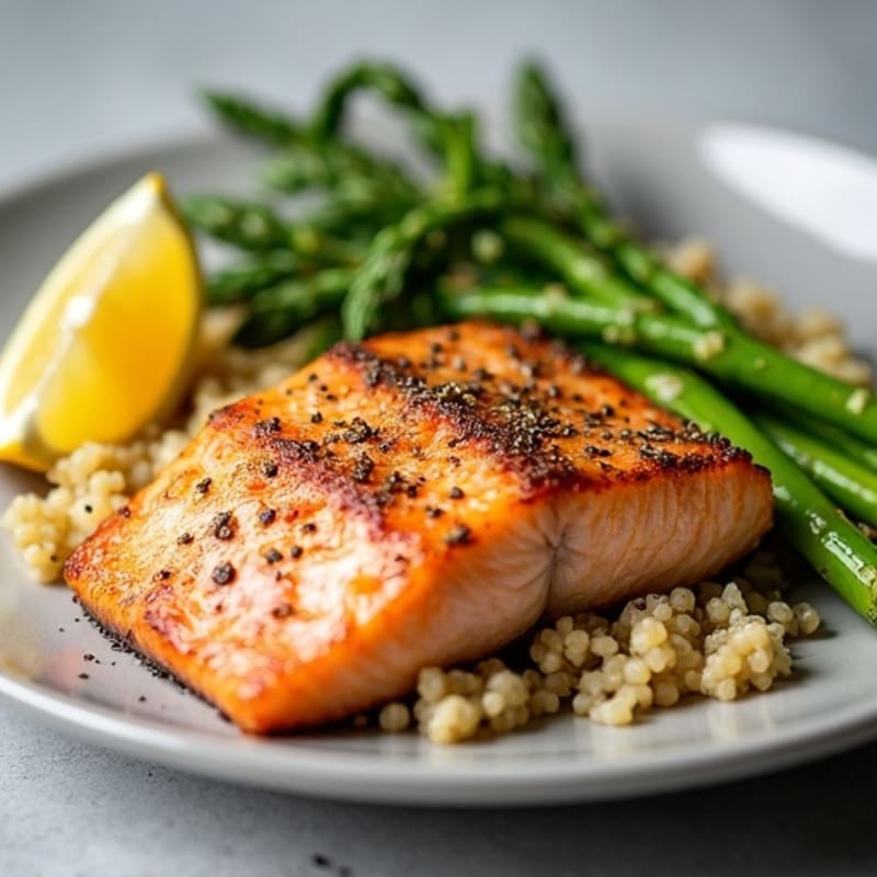 Crispy Pan-Seared Salmon with Roasted Asparagus and Quinoa