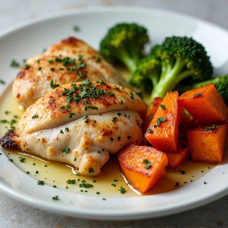 Lemon Herb Roasted Chicken with Crispy Broccoli and Sweet Potatoes
