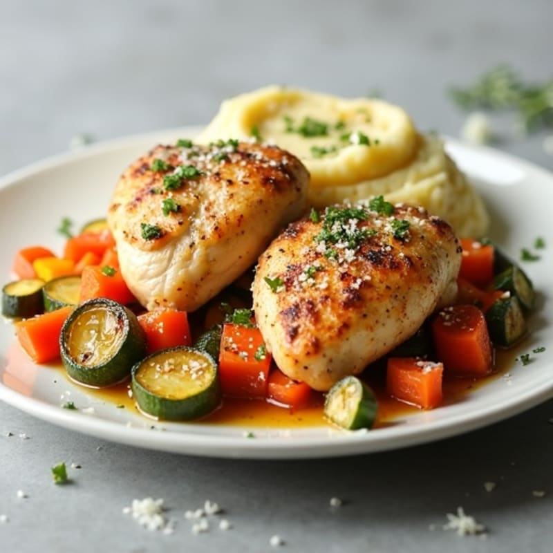Baked Herb Chicken Thighs with Roasted Vegetables and Garlic Mashed Potatoes