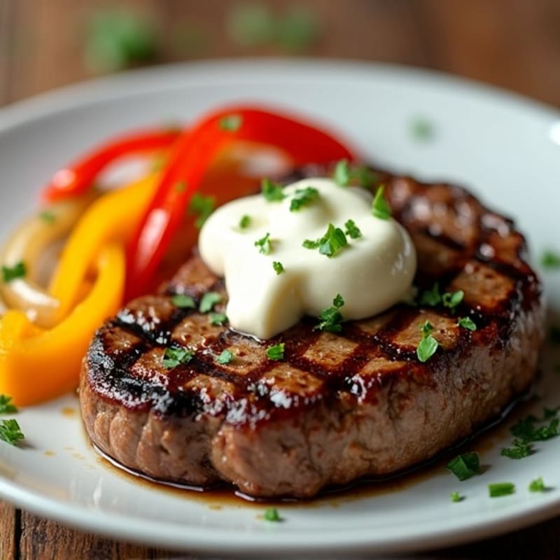 Skillet Seared Steak with Bell Peppers, Onions, and Creamy Cheese