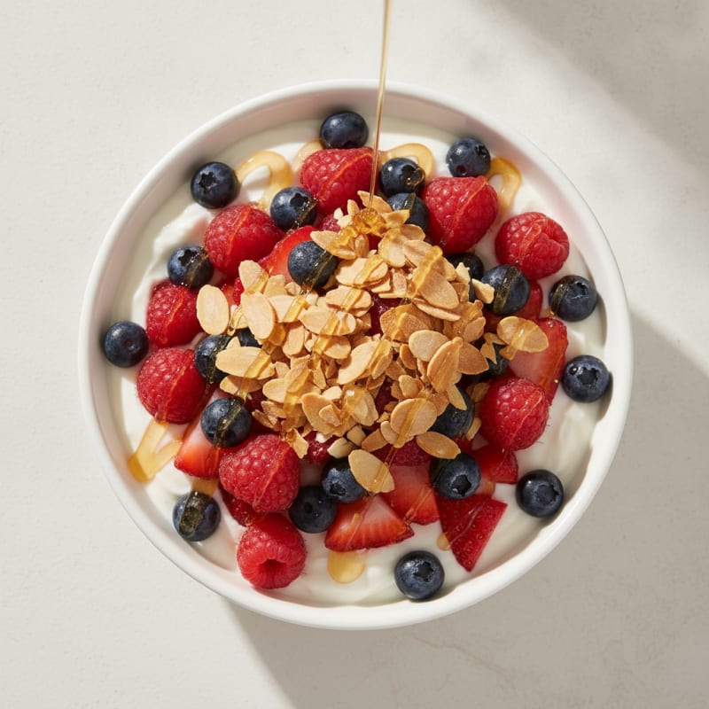 Greek Yogurt Parfait with Crunchy Almonds and Mixed Berries