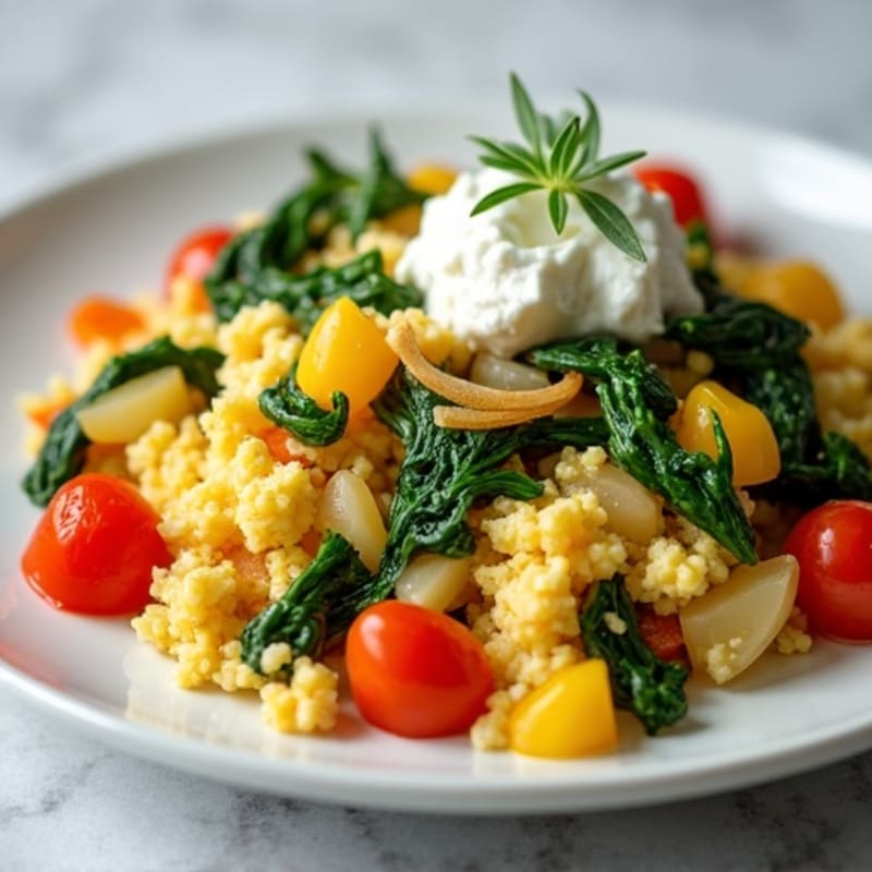 Egg White Veggie Scramble with Cottage Cheese and Sautéed Spinach
