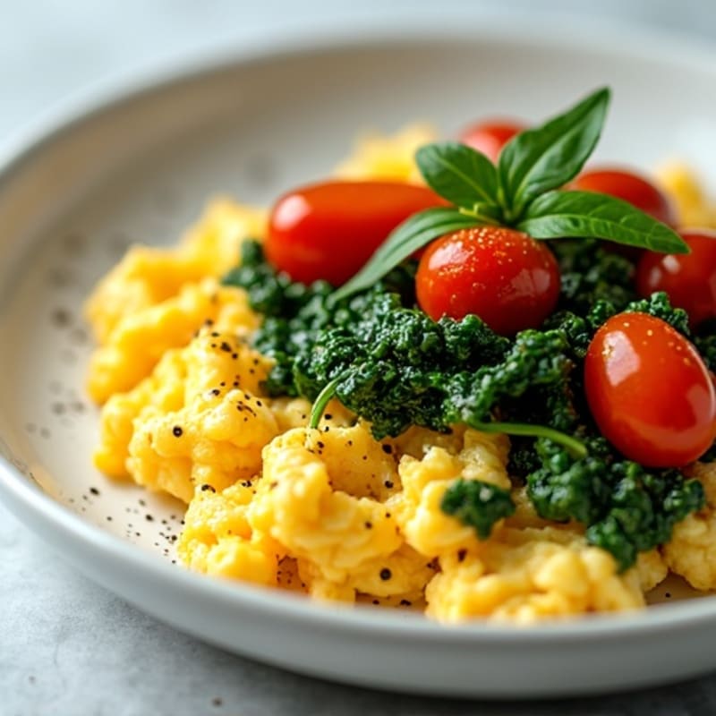 Fluffy Scrambled Eggs with Sautéed Greens and Cherry Tomatoes