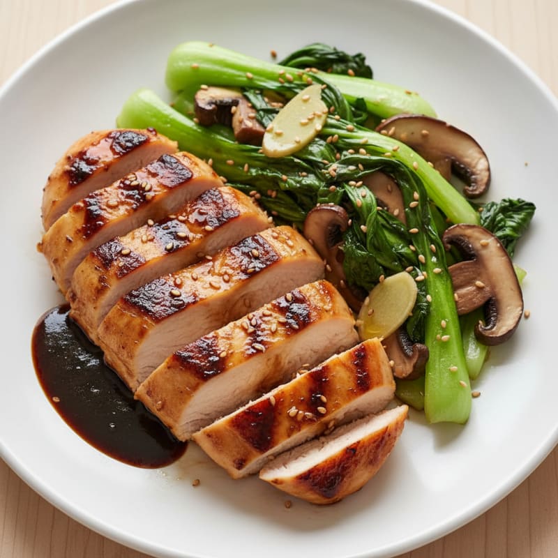 Grilled Garlic-Soy Chicken Breast with Sautéed Bok Choy and Mushrooms