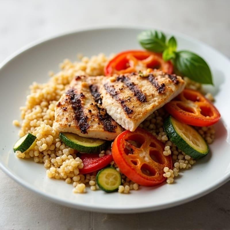 Grilled Chicken Breast with Roasted Vegetable Medley and Quinoa