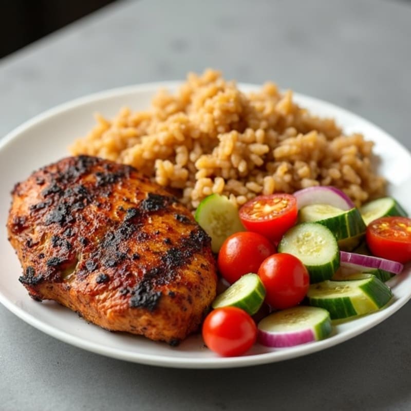 Grilled Turkey Suya with Tomato Cucumber Salad and Brown Rice