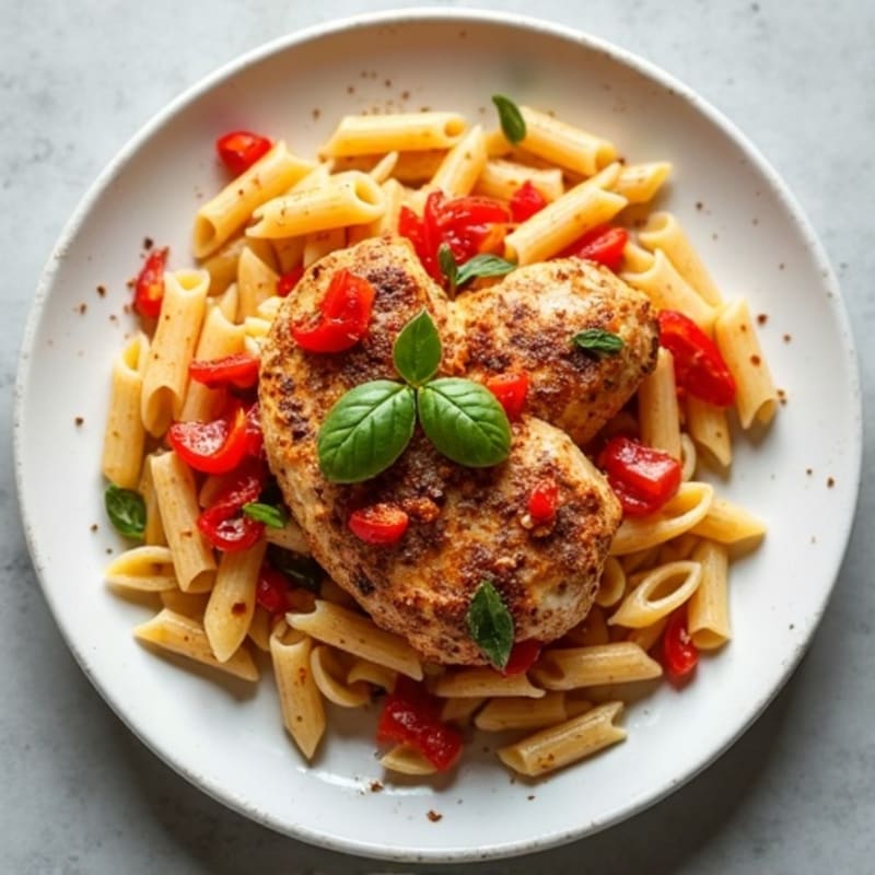 Spiced Chicken and Roasted Bell Pepper Pasta with Creamy Coconut Sauce