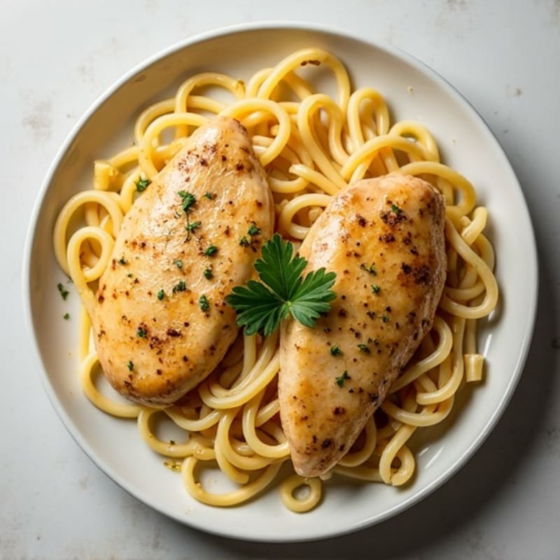 Lighter Creamy Garlic Chicken with Whole Wheat Fettuccine