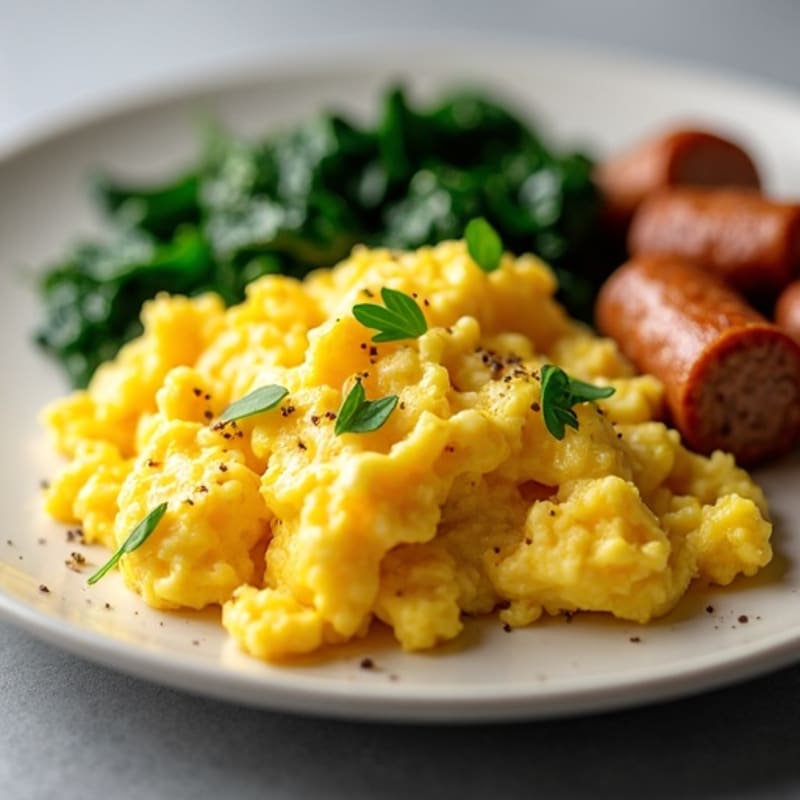 Scrambled Eggs with Turkey Sausage and Sautéed Spinach