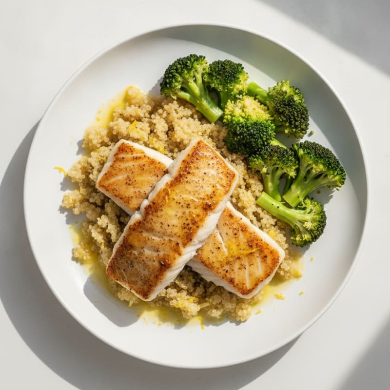 Seared Cod with Steamed Broccoli and Lemon Quinoa