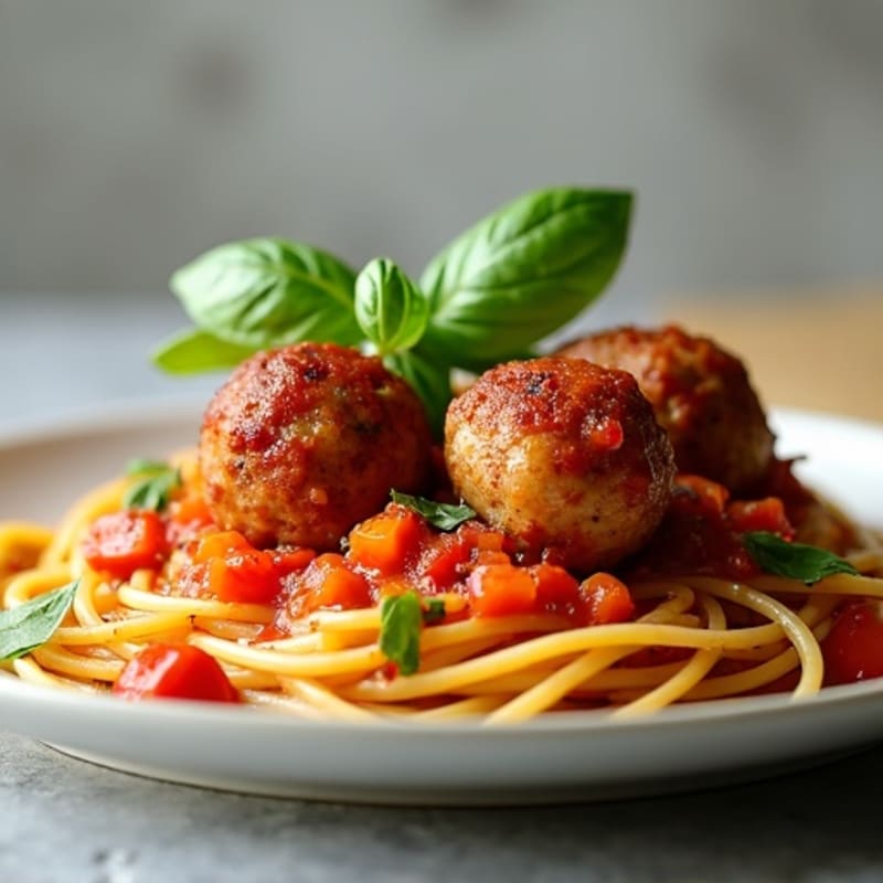 Lean Turkey Meatballs with Whole Wheat Spaghetti and Roasted Vegetable Marinara