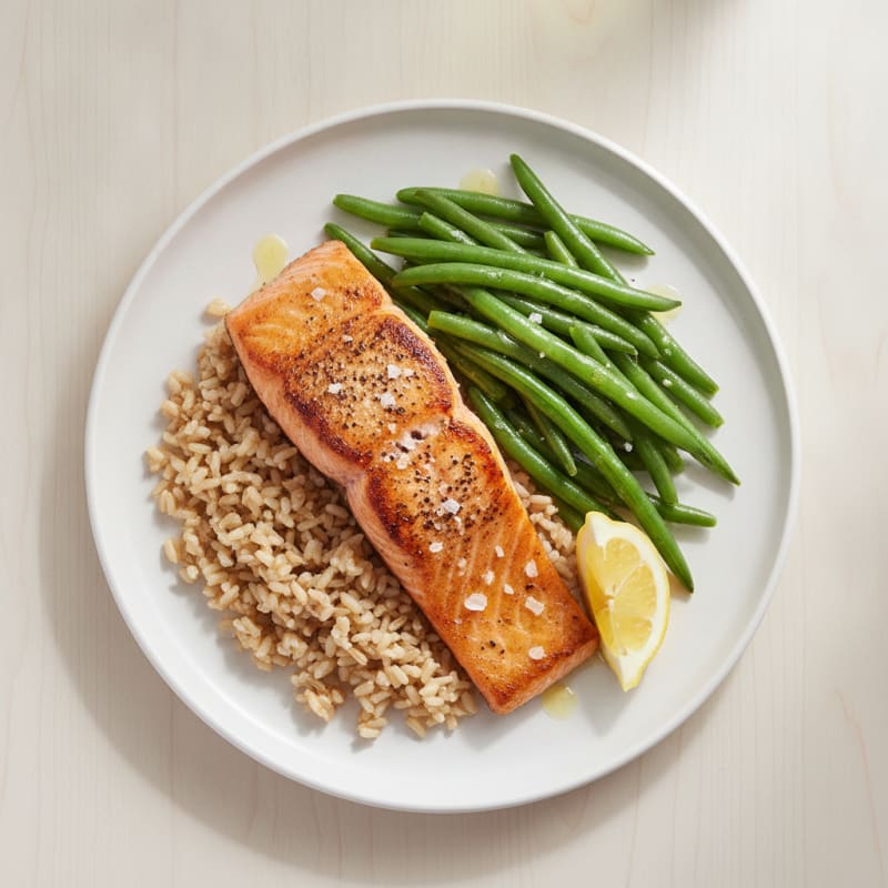 Seared Salmon with Steamed Green Beans and Brown Rice