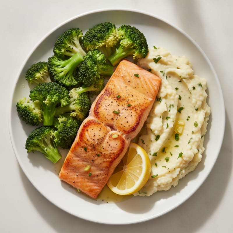 Seared Salmon with Steamed Broccoli and Garlic Mashed Cauliflower