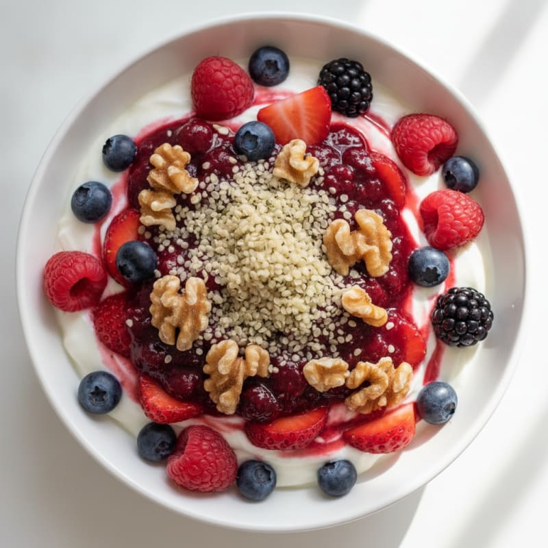 Creamy Greek Yogurt Parfait with Hemp Seeds and Mixed Berries