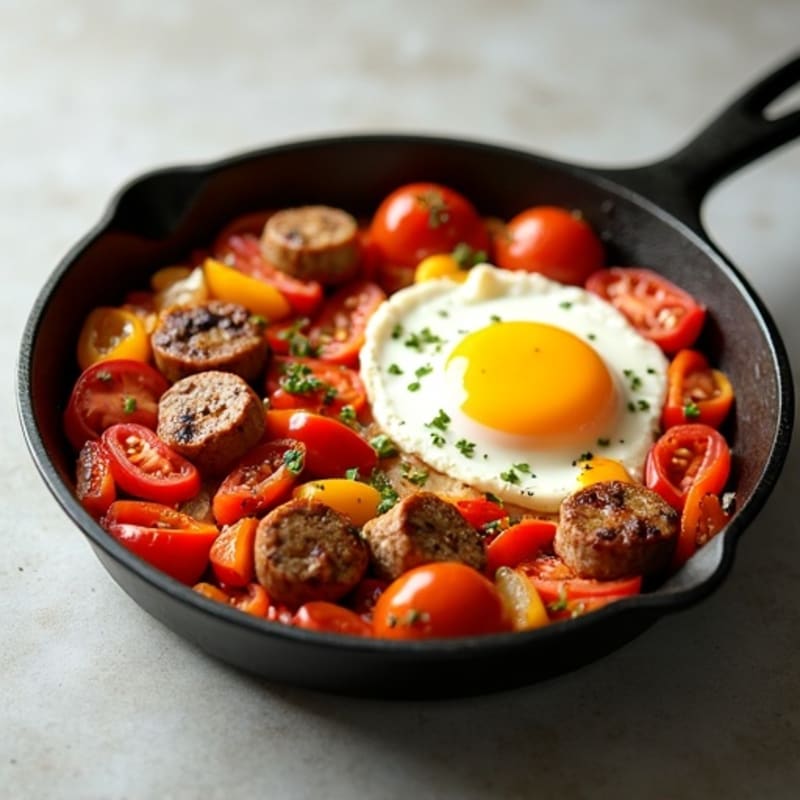 Hearty Spiced Tomato and Pepper Skillet with Baked Eggs