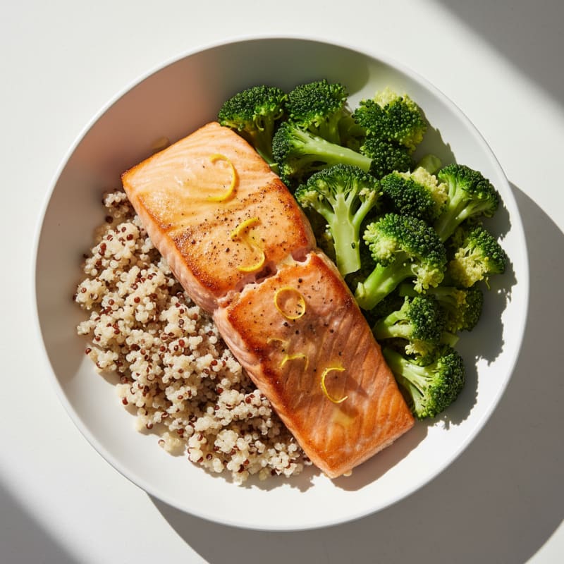 Seared Salmon with Steamed Broccoli and Quinoa
