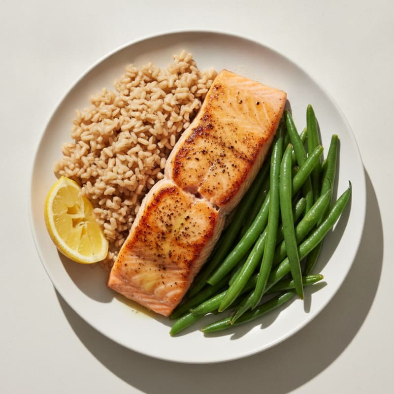 Seared Salmon Fillet with Steamed Green Beans and Brown Rice