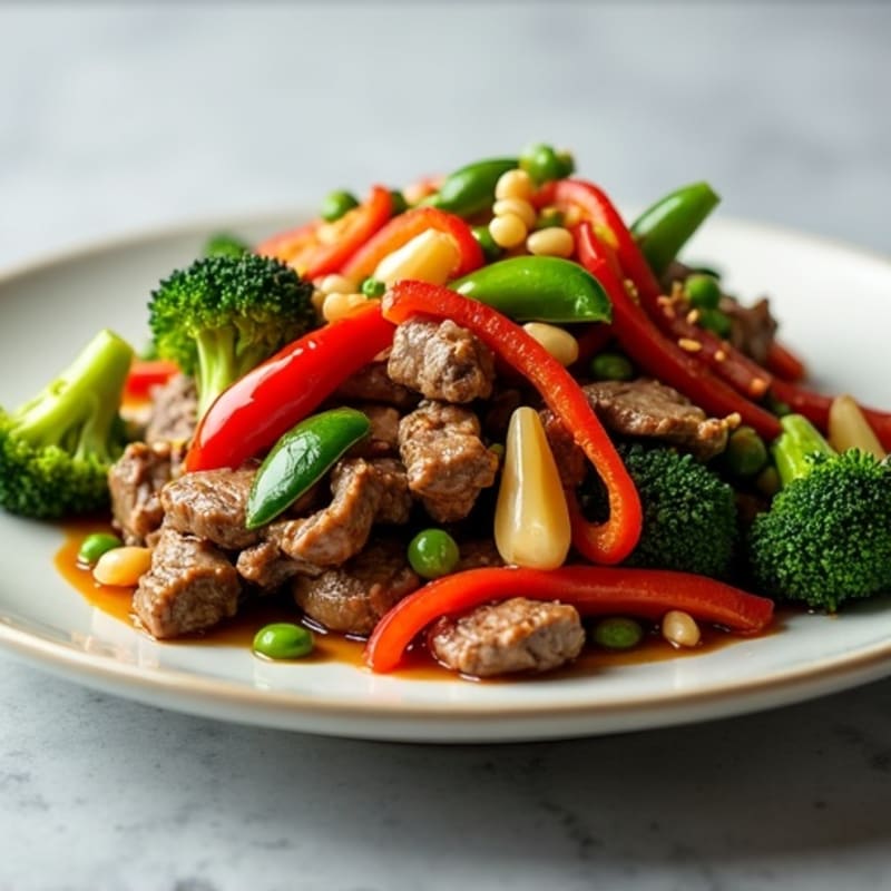 Quick-Seared Lean Beef with Savory Garlic-Ginger Sauce and Crispy Vegetables
