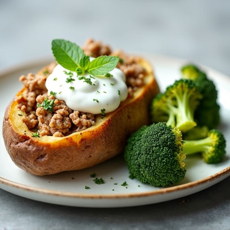 Crispy Baked Potato with Lean Ground Turkey, Roasted Broccoli, and Creamy Greek Yogurt Topping