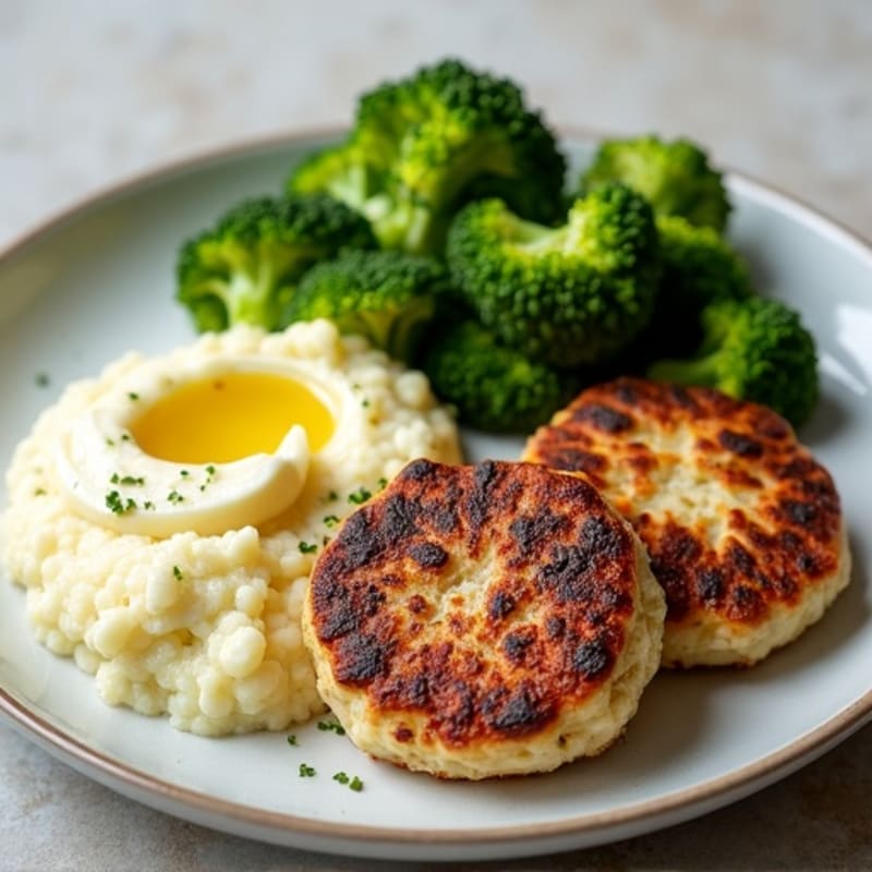 Seared Turkey Patties with Roasted Broccoli and Garlic Mashed Cauliflower