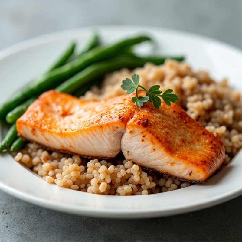 Seared Salmon with Steamed Green Beans and Brown Rice