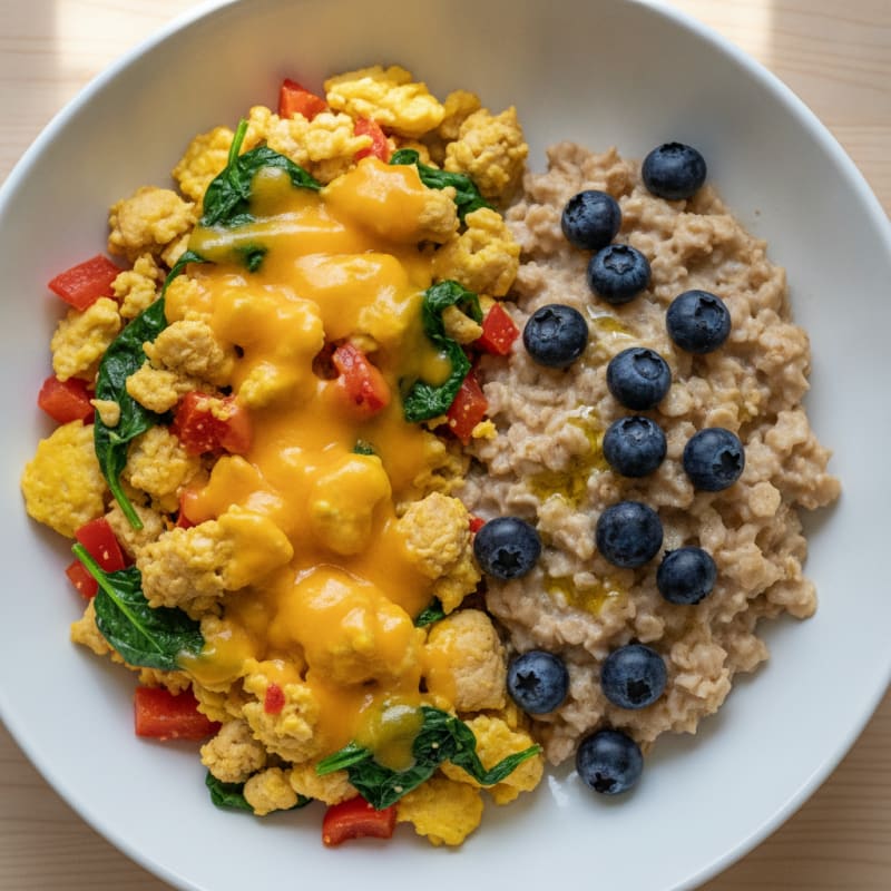 Egg and Vegetable Scramble with Cheddar and Oatmeal