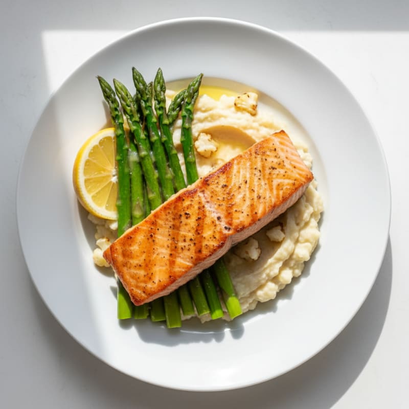 Seared Salmon with Steamed Asparagus and Cauliflower Mash