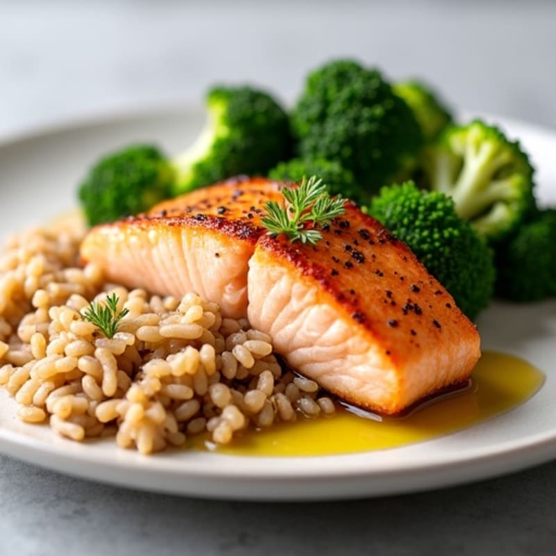 Seared Salmon with Steamed Broccoli and Brown Rice