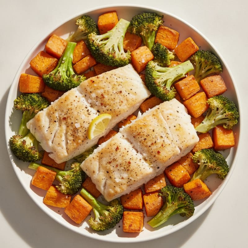 Baked Fish with Roasted Broccoli and Sweet Potato