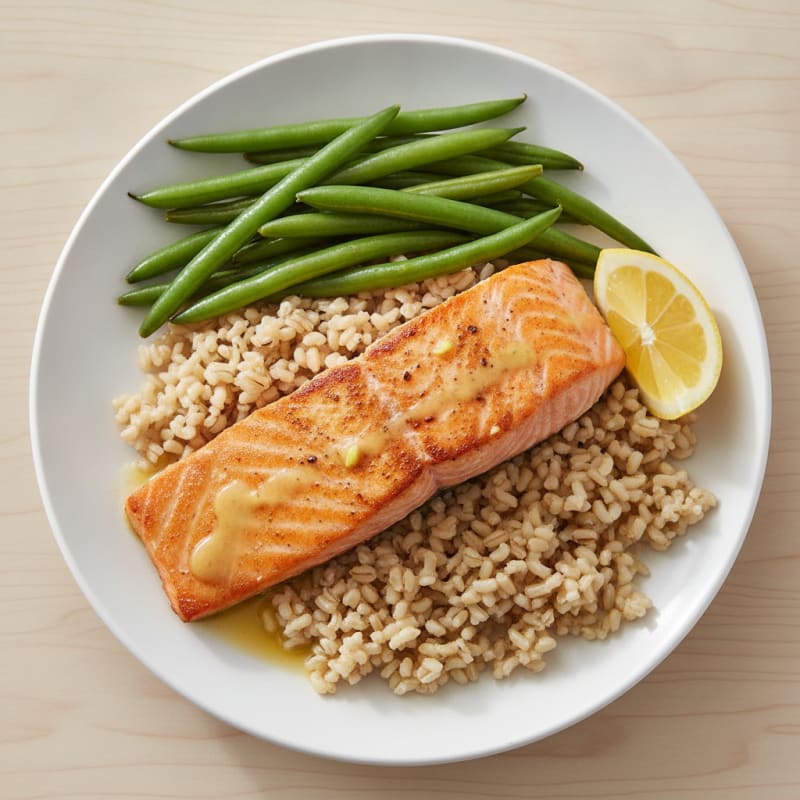 Seared Salmon with Steamed Green Beans and Brown Rice
