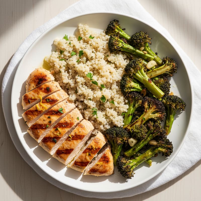 Grilled Chicken Breast with Quinoa and Roasted Broccoli