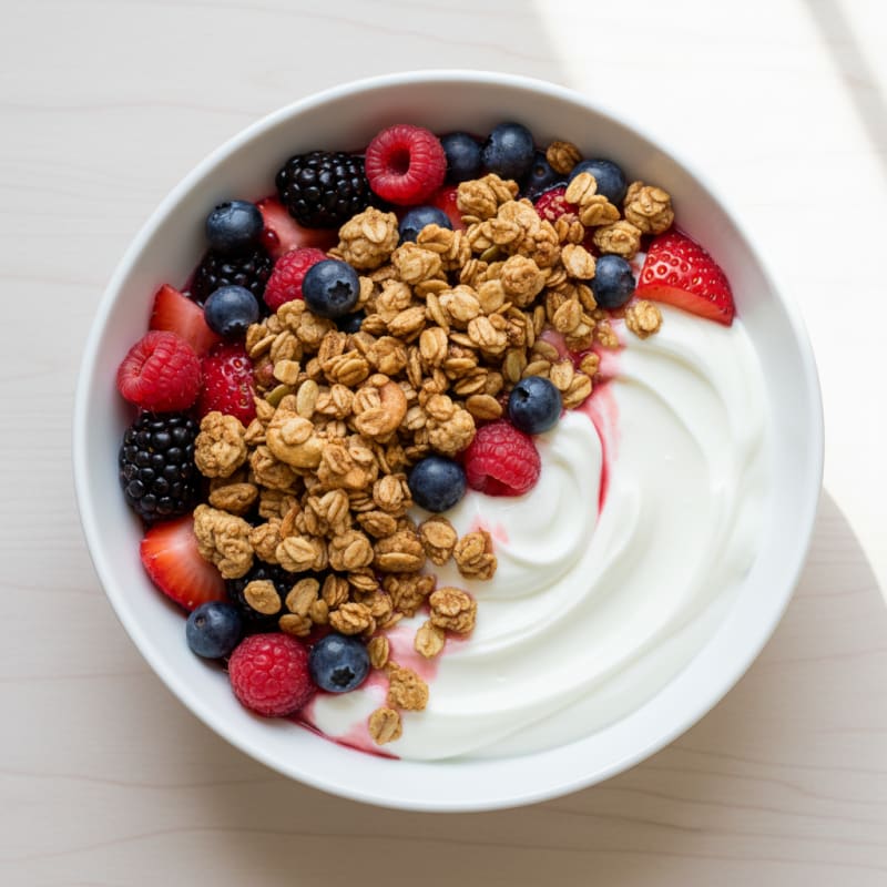 Vanilla Greek Yogurt Bowl with Mixed Berries and Protein Granola