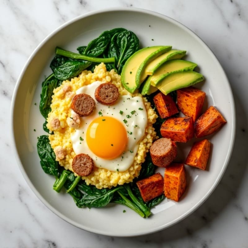 Egg White and Turkey Sausage Scramble with Spinach and Roasted Sweet Potatoes
