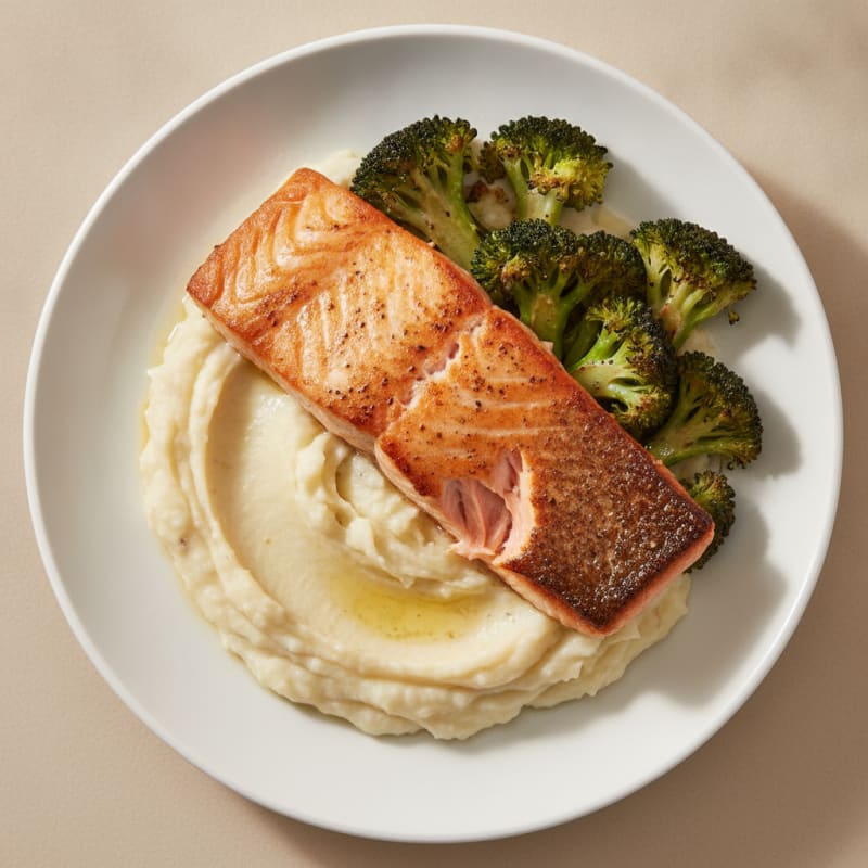 Seared Salmon with Roasted Broccoli and Garlic Mash