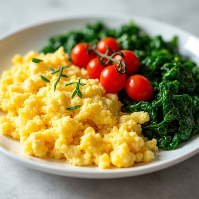Fluffy Scrambled Eggs with Sautéed Spinach and Cherry Tomatoes
